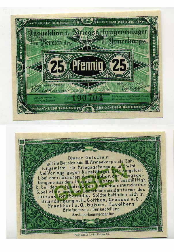 Германия 25 пфеннигов 1917 инспекция лагерей военнопленных в Губене, III-ий Армейский корпус C-3056 бумага UNC (пресс) 504-74-1-2