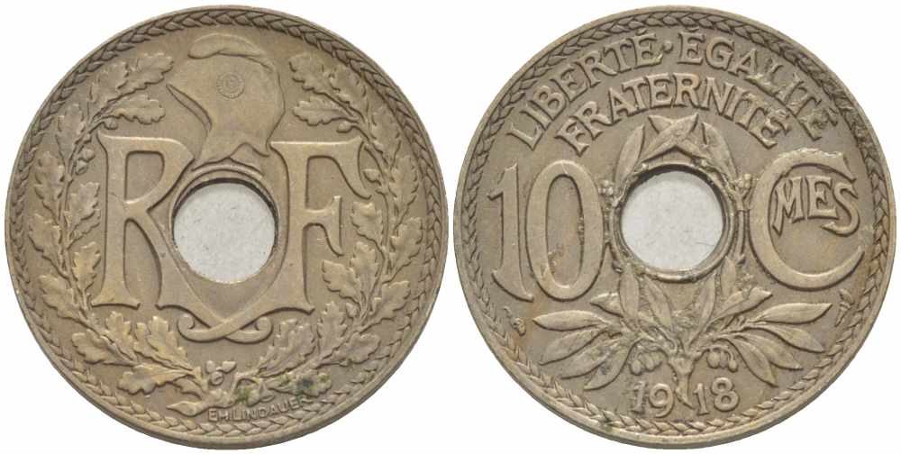 Франция 10 сантимов 1918 тип Линдайё KM 866a, Le Franc 138.3 медно-никель 108-123