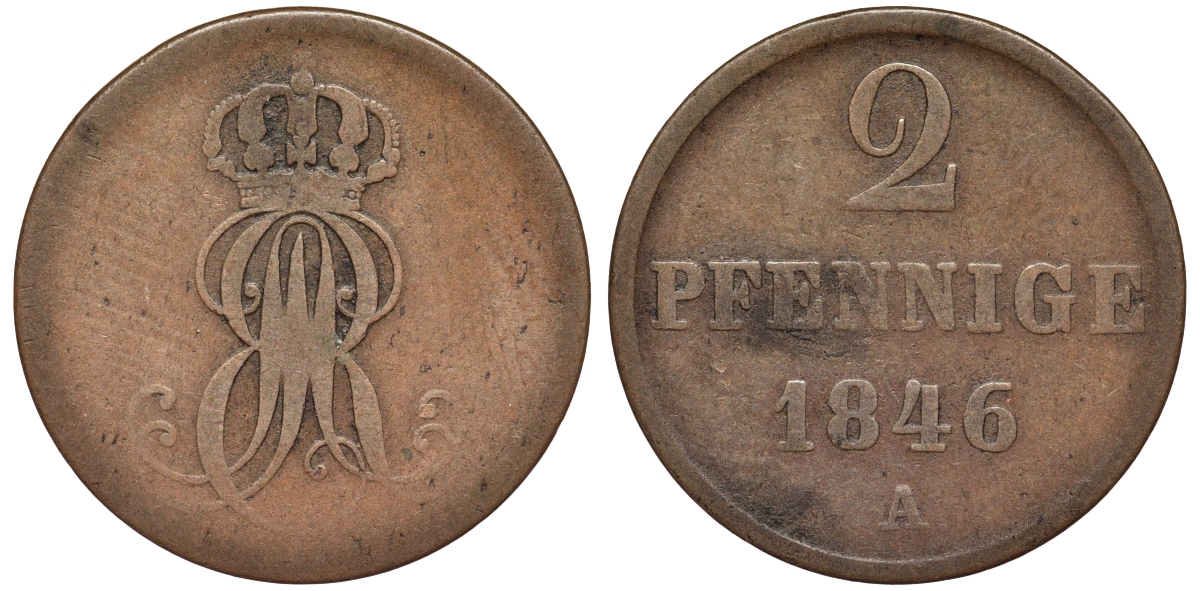 Ганновер 2 пфеннига 1846 A, Эрнст Август (1837-1851) KM 202.2, AKS 125, J. 75 медь 75-1837
