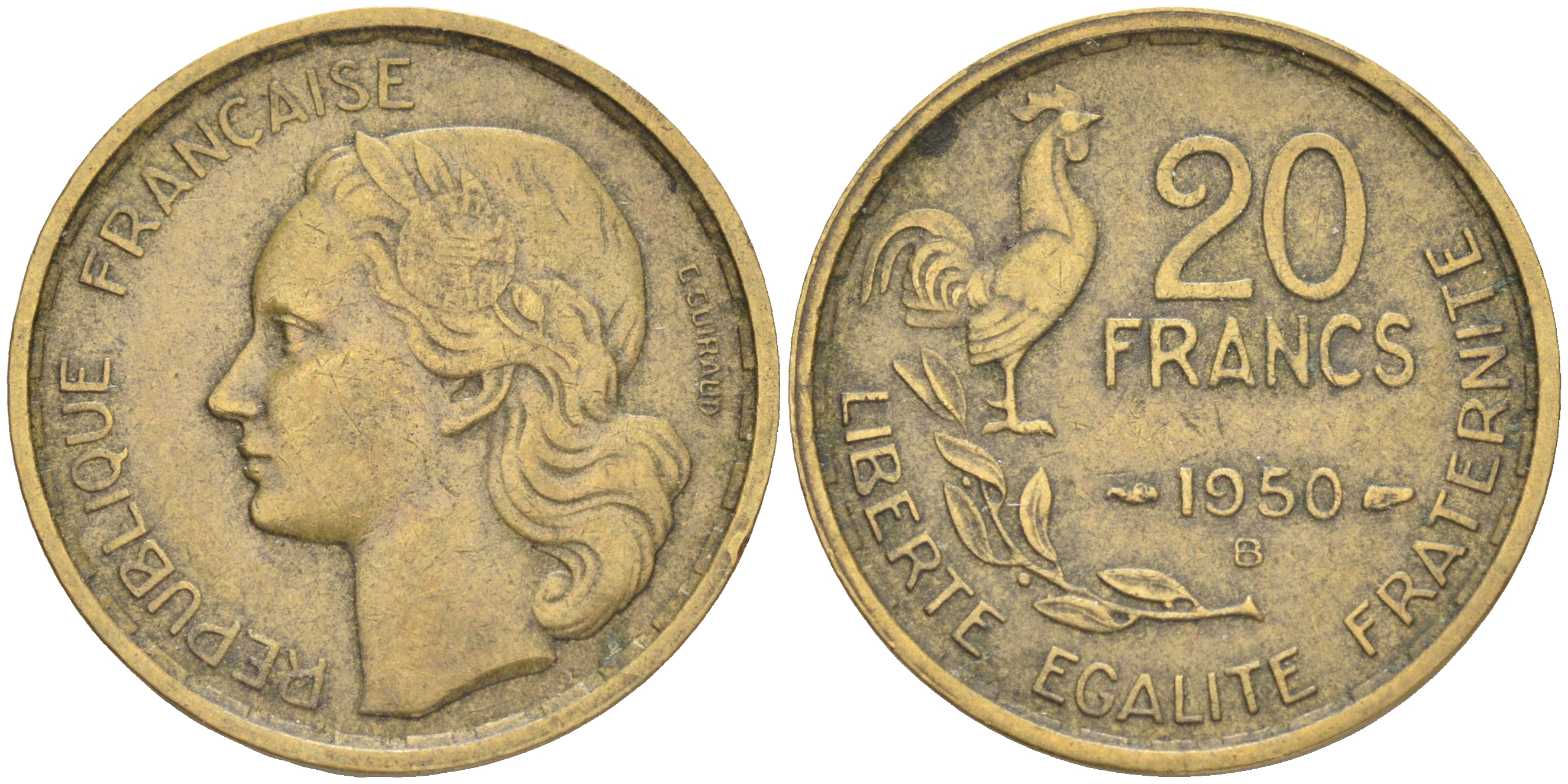 ФРАНЦИЯ 20 ФРАНКОВ 1950 В, 4 ПЕРА KM 917.2, LE FRANC 402.4 алюминиевая бронза 4556-155