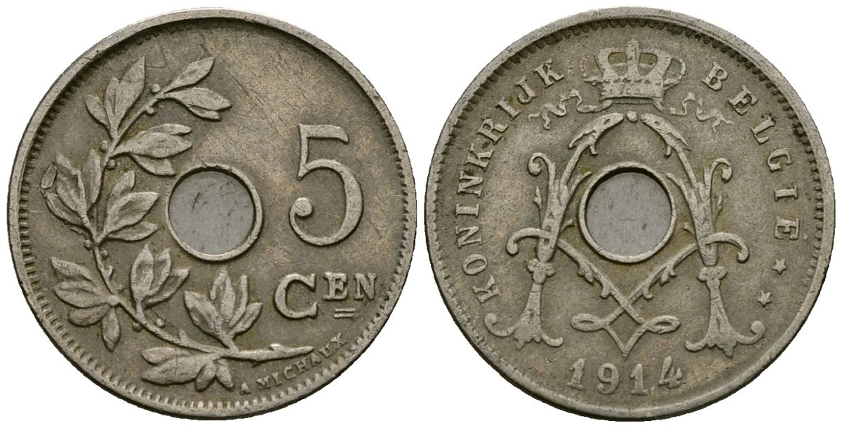 Бельгия 5 сантимов 1914 Belgie KM 67 медно-никель 4173-168
