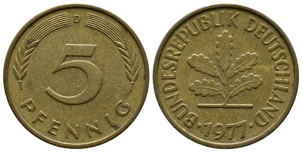 ФРГ 5 ПФЕННИГОВ 1977 D KM 107, J.382 сталь плакированная латунью 179-1039