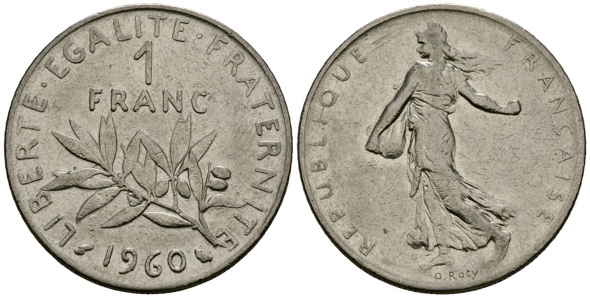 Франция 1 франк 1960 сеятель KM 925 никель 4135-747