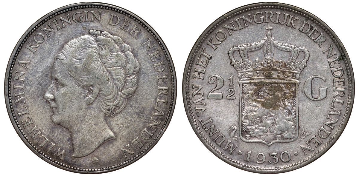 Нидерланды 2 1/2 гульдена 1930 Вильгельмина I (1890-1948) KM 165 серебро 1530-1035
