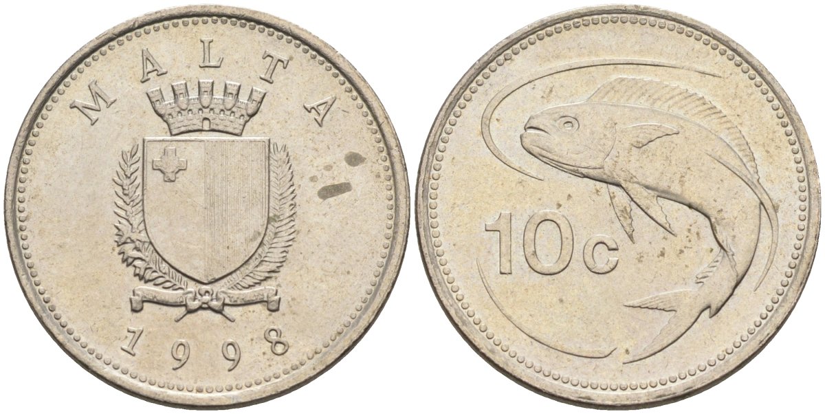 Мальта 10 центов 1998 золотая макрель KM 96 медно-никель 4588-258