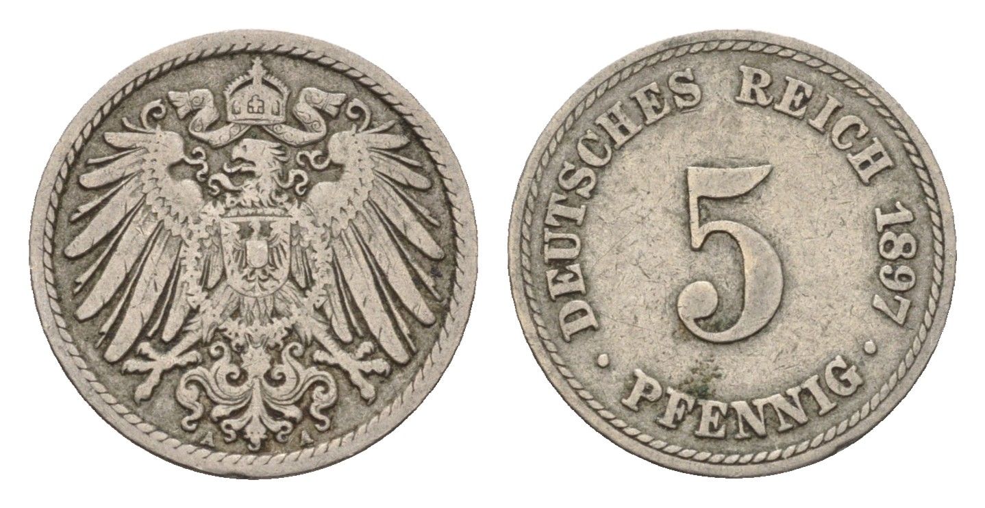 Германия 5 пфеннигов 1897 A, Вильгельм II (1888-1918) KM 11, J. 12 медно-никель 4632-1063