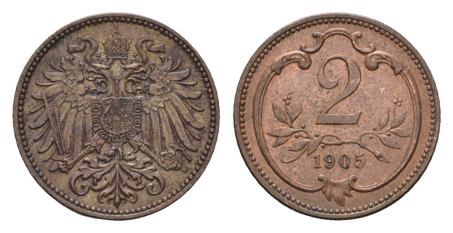 Австрия 2 геллера 1905 Франц Иосиф (1846-1918) KM 2801 бронза 4655-335