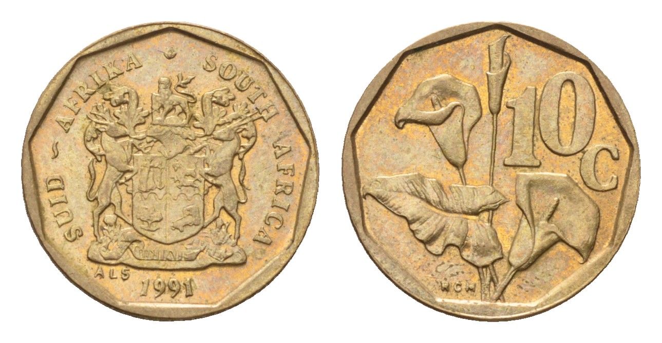 ЮАР 10 центов 1991 герб, цветок алоэ KM 135 сталь плакированная бронзой UNC 4694-639