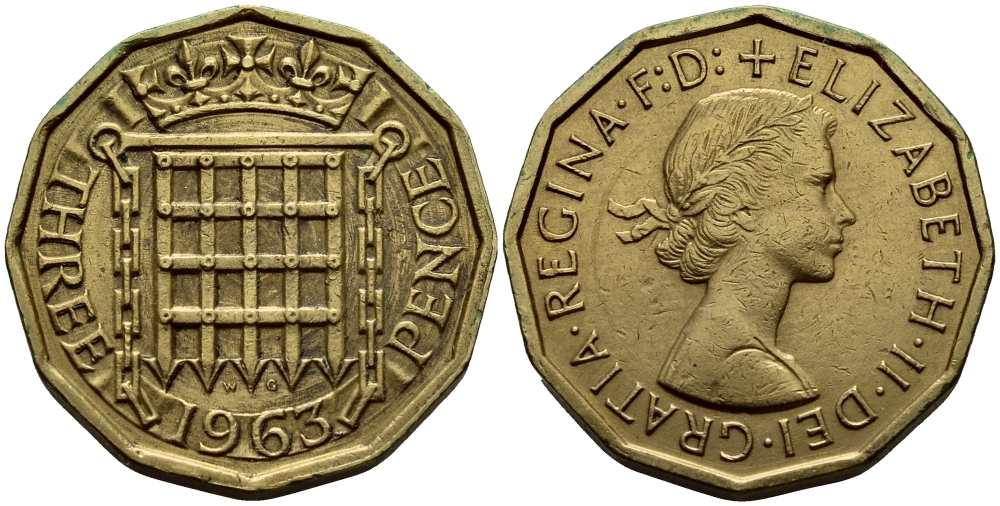 Великобритания 3 пенса 1963 Елизавета II (1952-2022) KM 900, Spink 4153 никель латунь 51-211