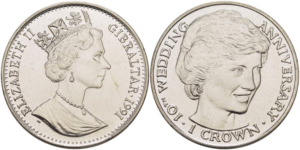 Гибралтар 1 крона 1991 10 лет королевской свадьбы, принцесса Диана KM 85 медно-никель UNC 4527-335