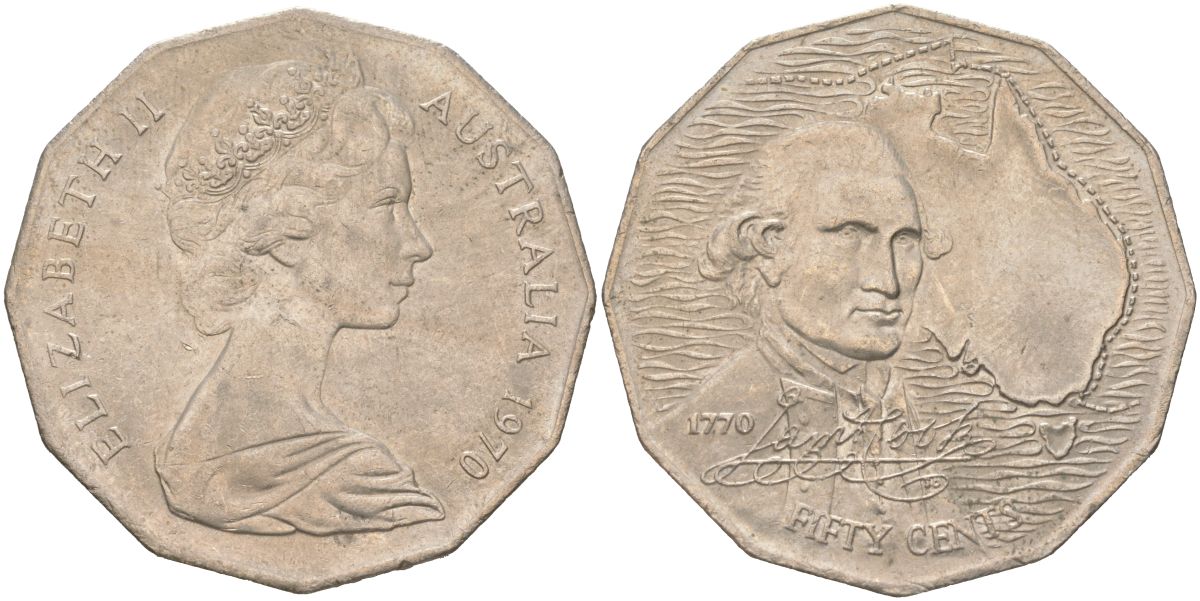 Австралия 50 центов 1970 200 лет австралийскому путешествию капитана Кука KM 69 медно-никель UNC 4512-1212