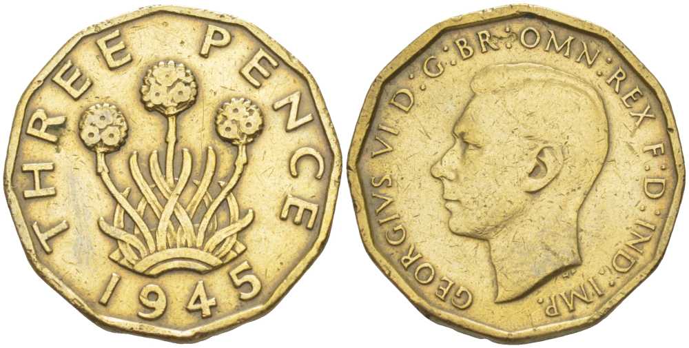 Великобритания 3 пенса 1945 Георг VI (1936-1952) KM 849, Spink 4112 никель латунь 212-812