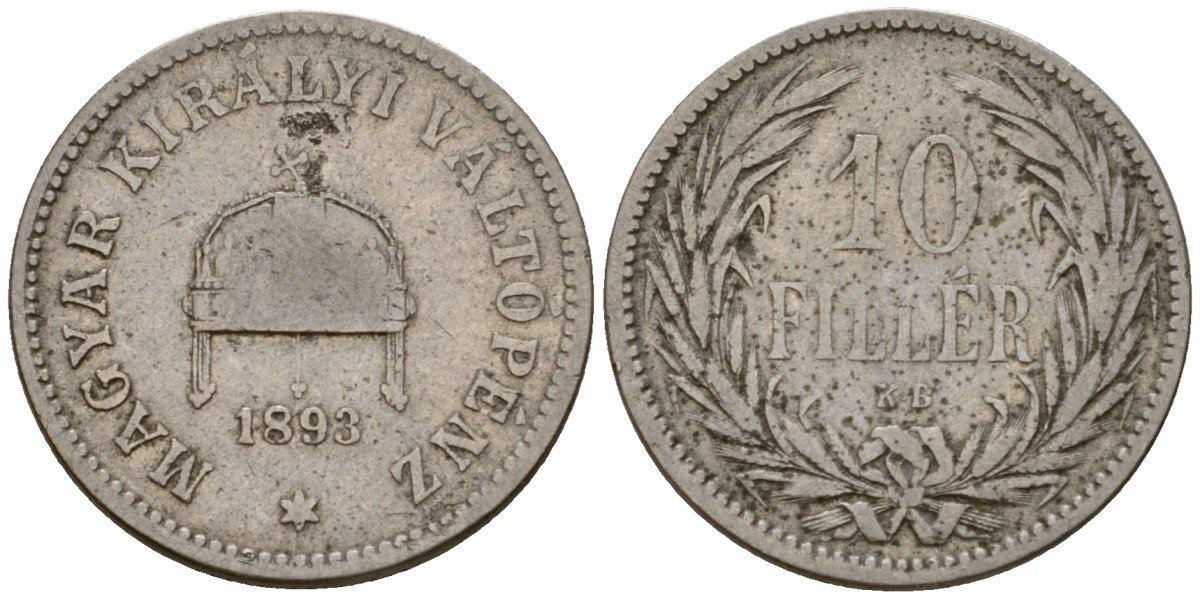 Венгрия 10 филлеров 1893 KB, Франц Иосиф I (1848-1916) KM 482 никель 4602-321