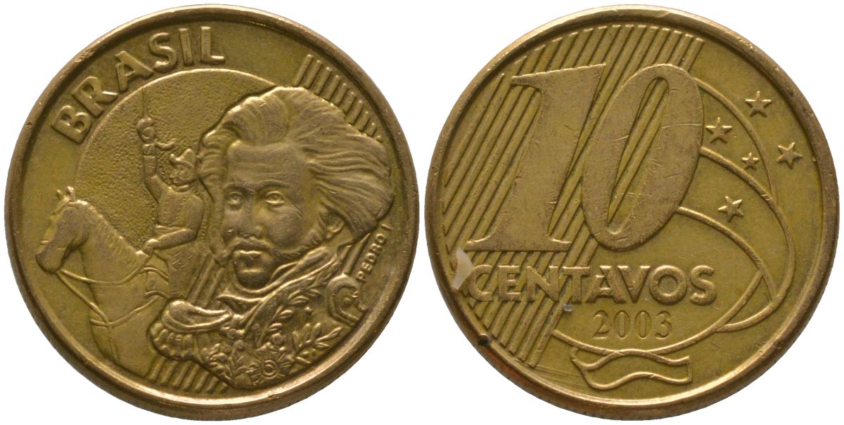 Бразилия 10 сентаво 2003 KM 649, Schon 157 сталь плакированная бронзой 4523-721