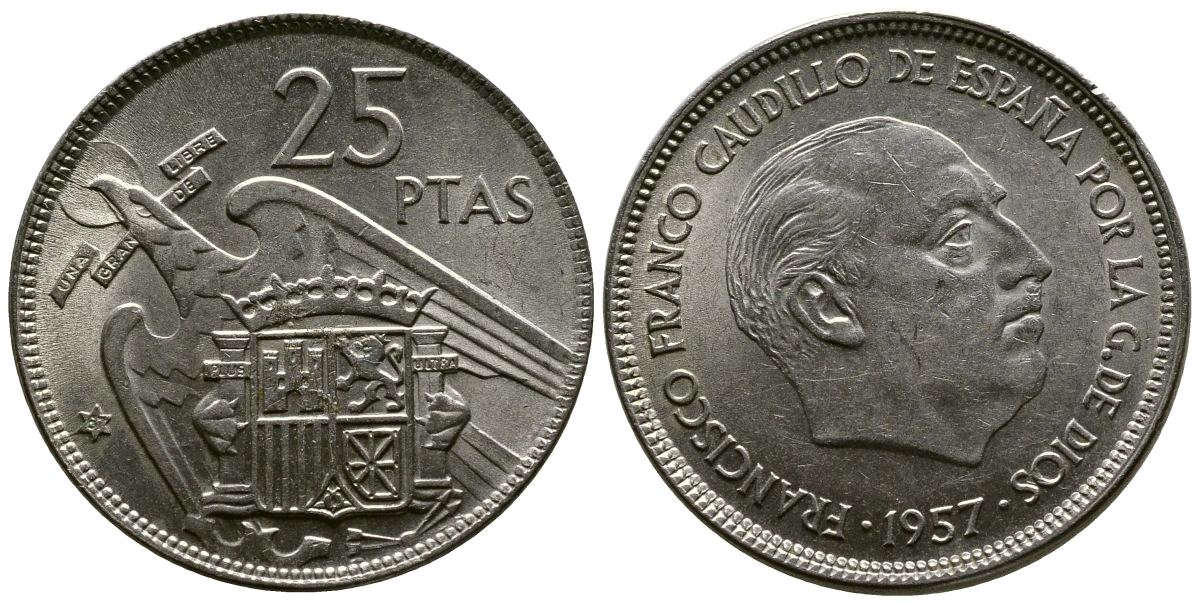 ИСПАНИЯ 25 ПЕСЕТ 1957 (67) ФРАНСИСКО ФРАНКО ДИКТАТОР ИСПАНИИ (1939-1975) KM 787 медно-никель 3334-217