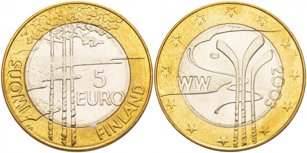 ФИНЛЯНДИЯ 5 ЕВРО 2003 ЧЕМПИОНАТ МИРА ПО ХОККЕЮ KM 111 биметалл UNC 05-140-34