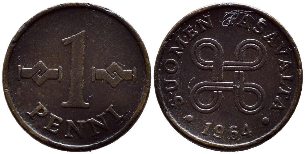 Финляндия 1 пенни 1964 KM 44 медь 4392-1311