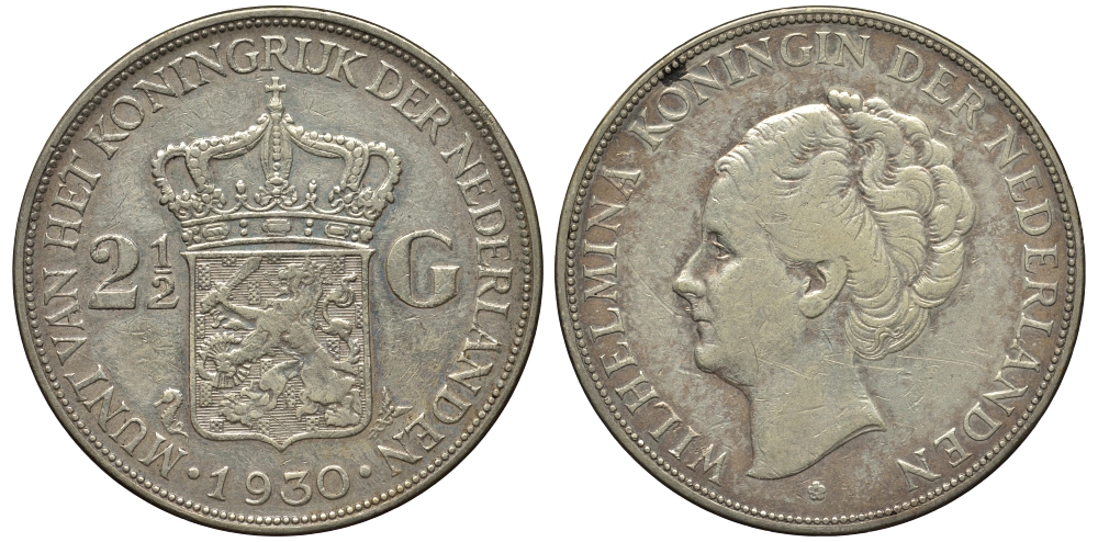 Нидерланды 2 1/2 гульдена 1930 Вильгельмина I (1890-1948) KM 165 серебро 443-624