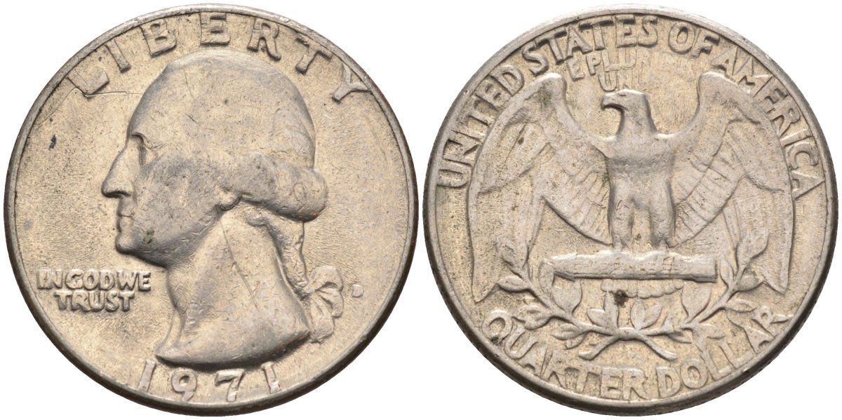 США 25 центов (квотер) 1971 D, Вашингтон KM 164a медь плакированная медно-никелем 4584-957