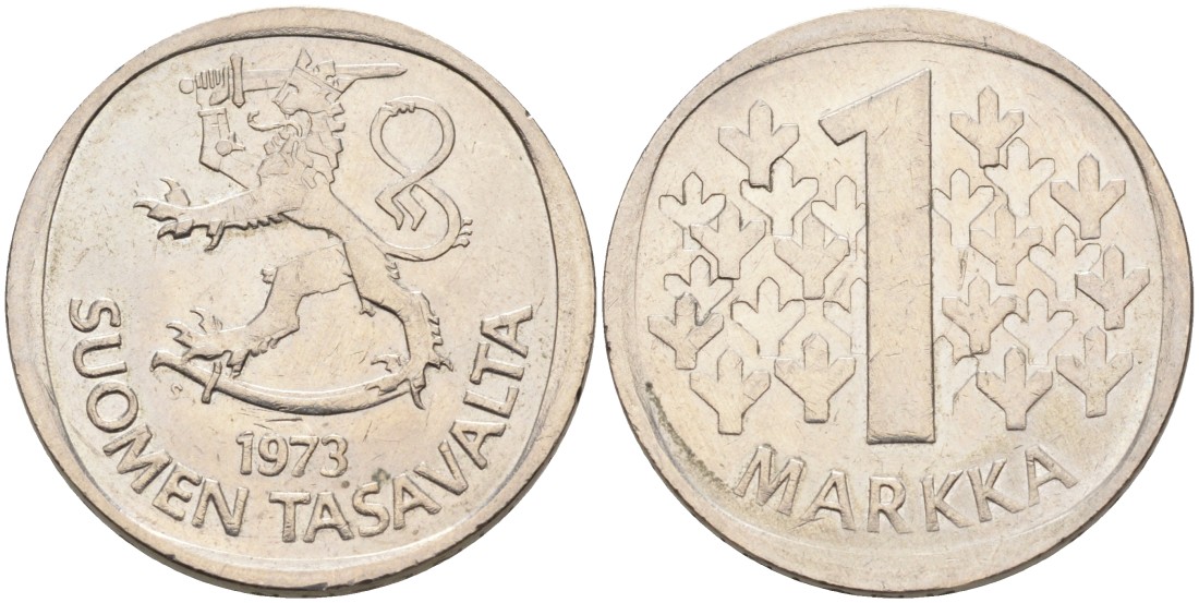 ФИНЛЯНДИЯ 1 МАРКА 1973 S KM 49a медно-никель 4563-515