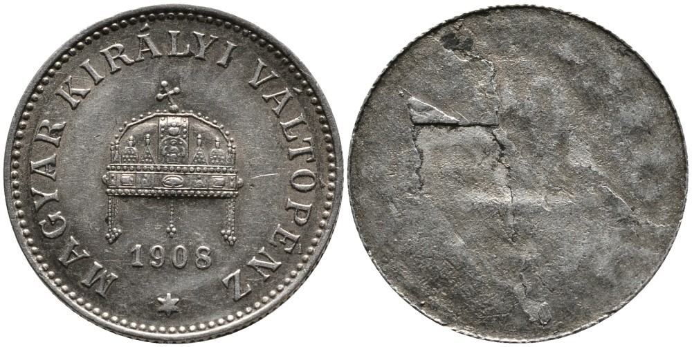Венгрия 20 филлеров 1908 КВ, Франц Иосиф I (1848-1916), редкий односторонний брак KM 483 никель 1519-1333