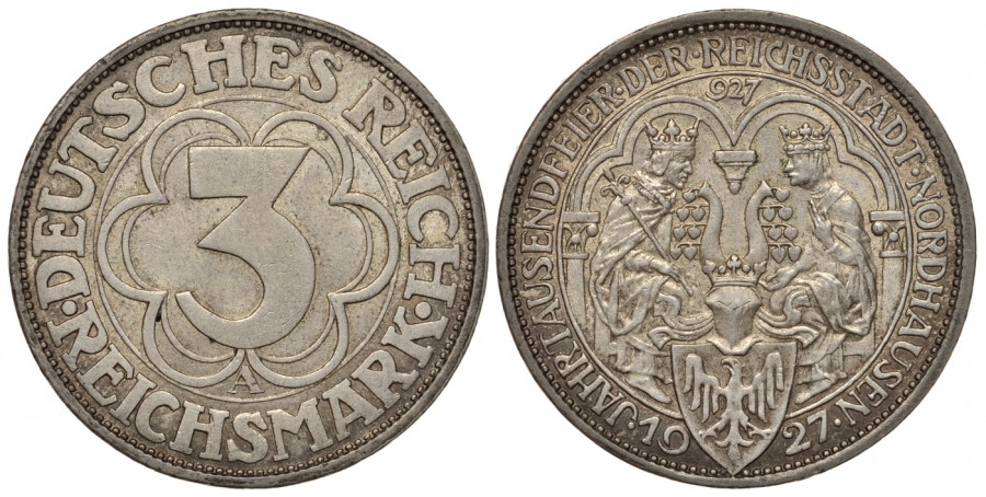 Германия 3 марки 1927 A, 1000 летие основания Нордхаузена J. 327, KM 52 серебро aUNC 00-816-16