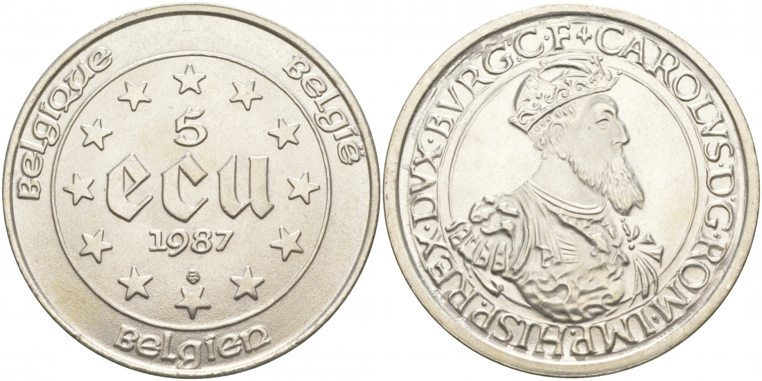 Бельгия 5 экю 1987 30 лет Римскому договору, Карл V Габсбург (1500-1558) KM 166 серебро UNC 11-038-21