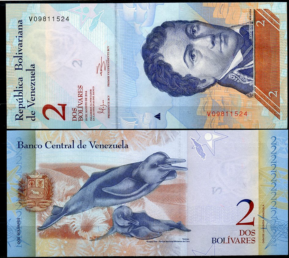 Венесуэла 2 боливара 2014 19 августа 2014, Франсиско де Миранда, речной дельфин Pick 88 g  бумага  UNC (пресс) 449-95-1