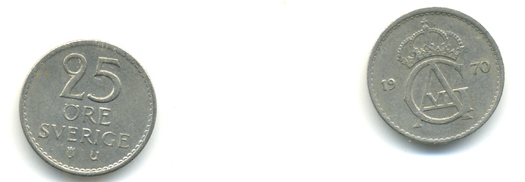 Швеция 25 эре 1970 U Густав VI Адольф (1950-1973) KM 836 медно-никель 83-731