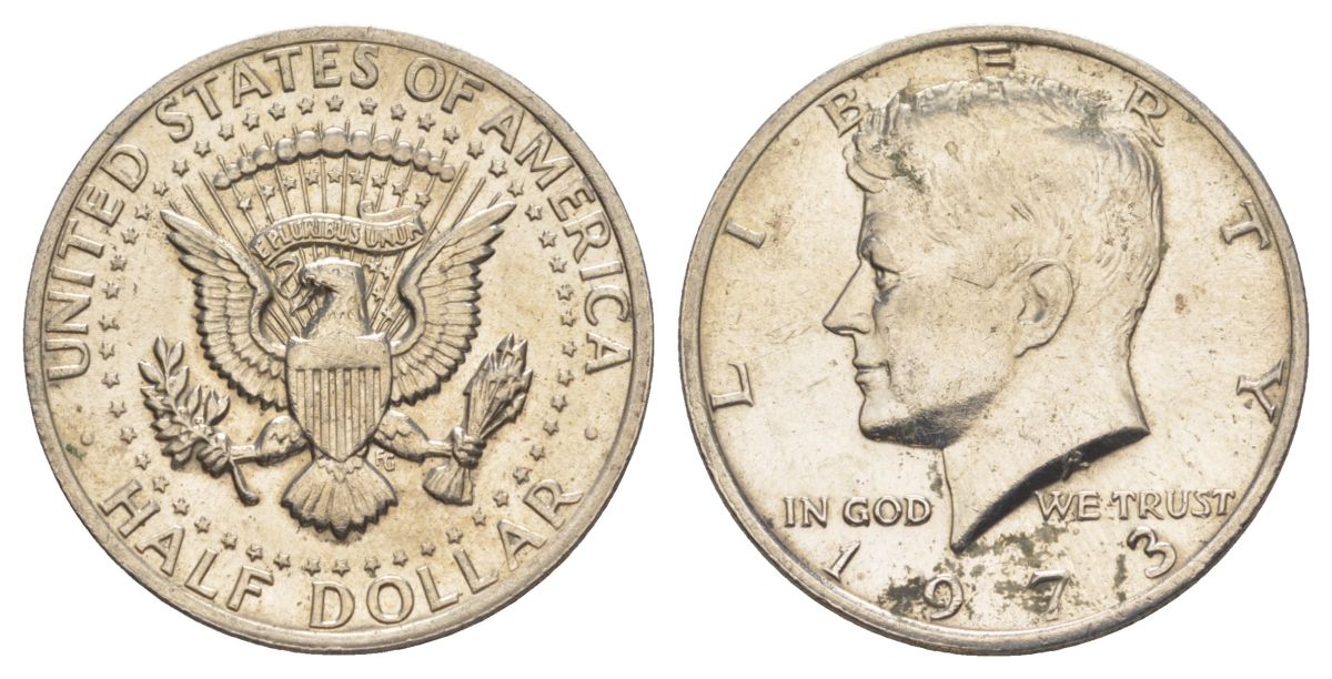 США 1/2 доллара (50 центов) 1973 D, Джон Кеннеди KM 202b медь плакированная медно-никелем aUNC 4517-1133