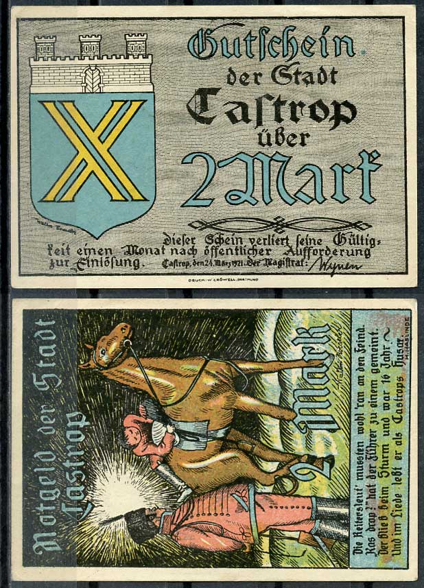 Германия, Кастроп 2 марки 1921 нотгельд, 24.3.1921 Li. 215-2, M. 223.1  бумага  UNC (пресс) 444-87-3-2