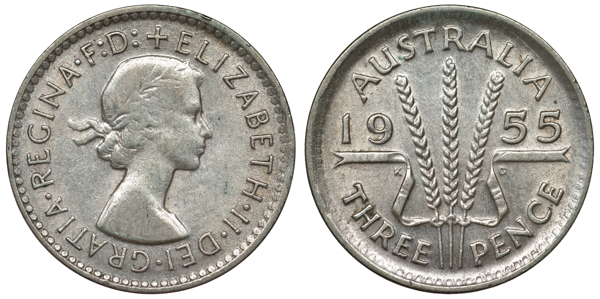 Австралия 3 пенса 1955 m, Елизавета II (1952-2022) KM 57 серебро 71-431