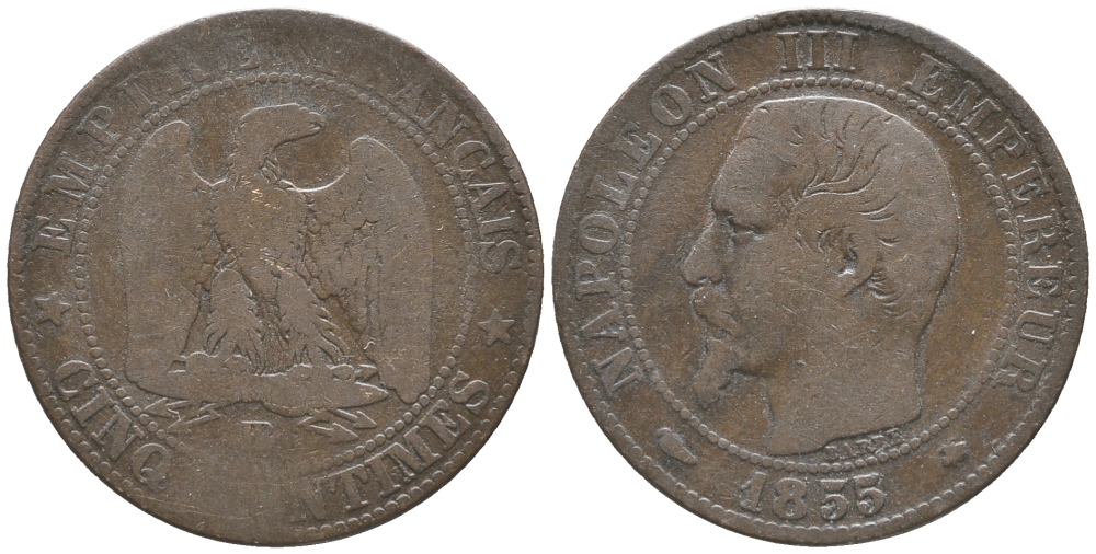 Франция 5 сантимов 1855 BB, Наполеон III (1852-1870) KM 777.3, LE FRANC 116.20 бронза 34-434