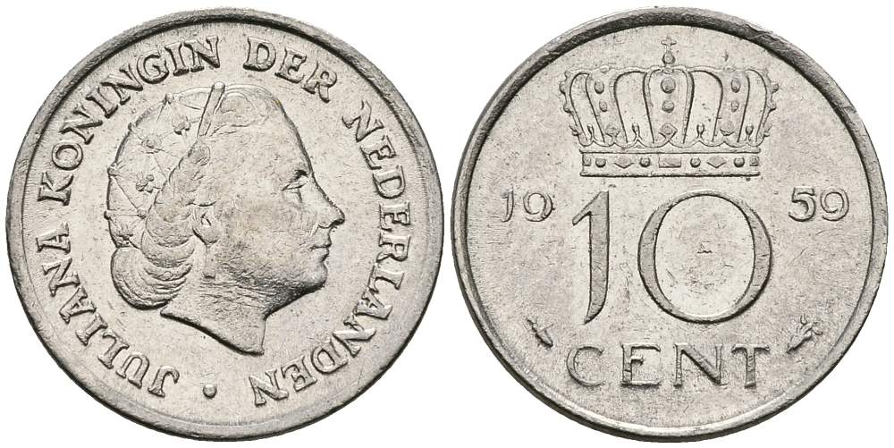 НИДЕРЛАНДЫ 10 ЦЕНТОВ 1959 ЮЛИАНА KM 182 никель 96-423