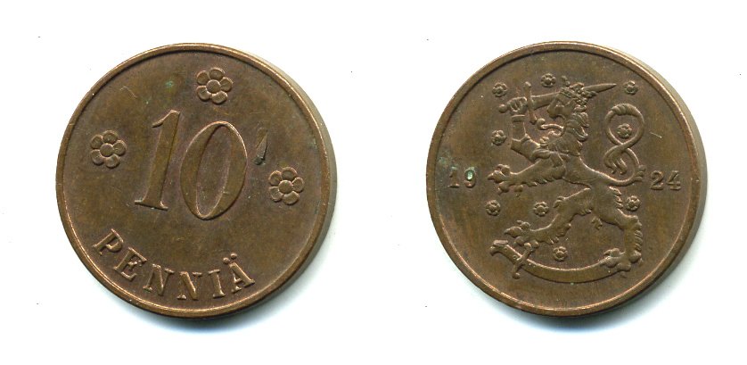 Финляндия 10 пенни 1924 республика (1918-1962) KM 24 медь 46-2635