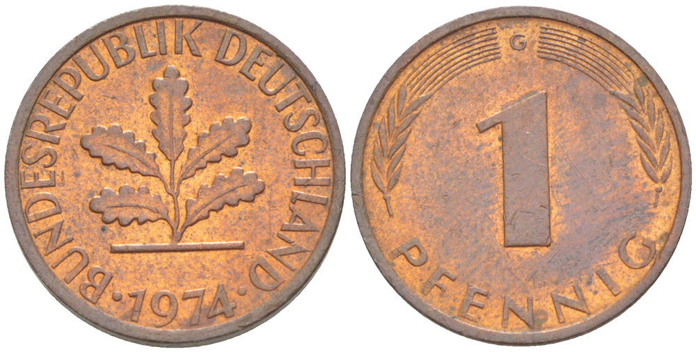 ФРГ 1 ПФЕННИГ 1974 G KM 105, J. 380 сталь плакированная медью 4181-613