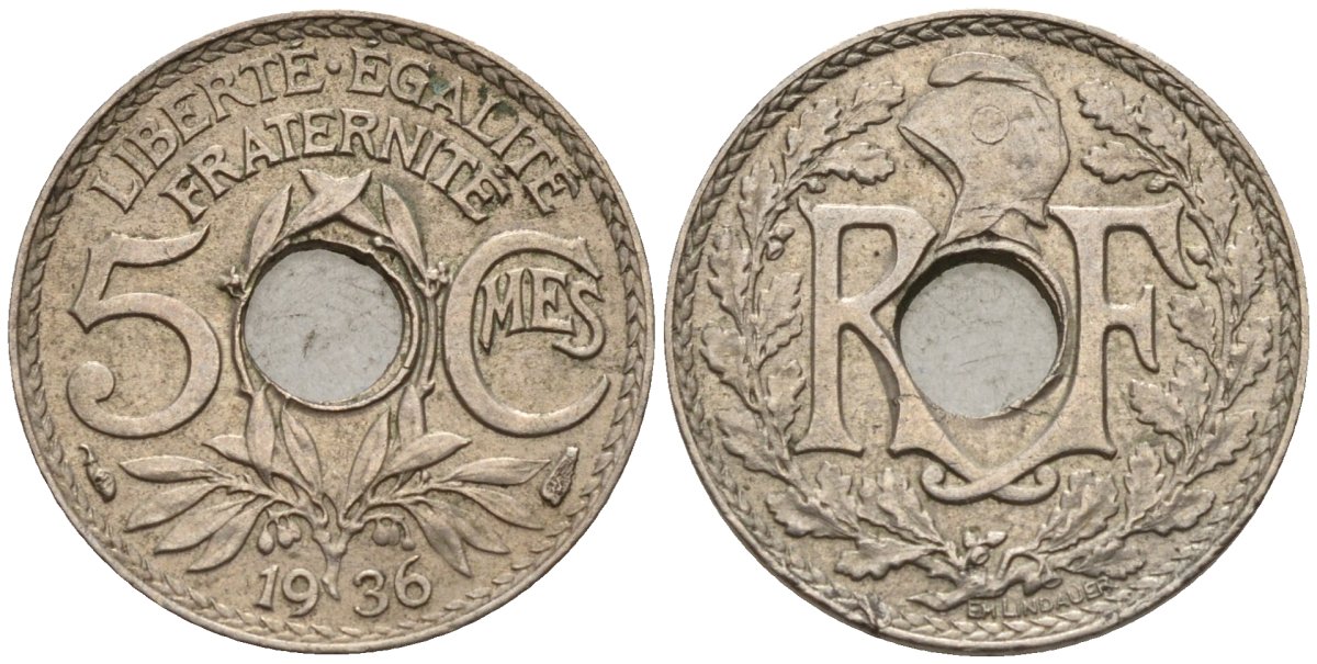 Франция 5 сантимов 1936 KM 875 медно-никель 4596-639