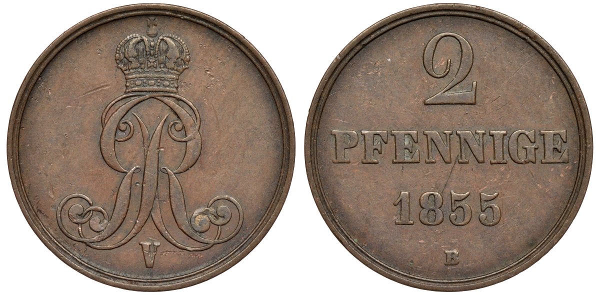Брауншвейг-Каленберг-Ганновер 2 пфеннига 1855 B, Георг V (1851-1866) KM 217,aKS 152, J. 84 медь 4142-143
