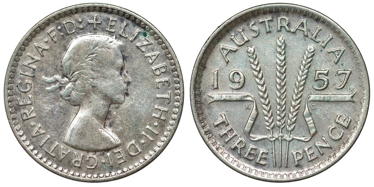 Австралия 3 пенса 1957 m, Елизавета II (1952-2022) KM 57 серебро 71-524