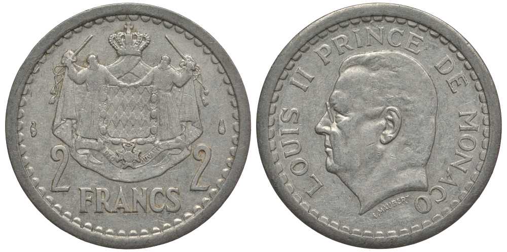 Монако 2 франка 1943 Луи II (1922-1949) KM 121 алюминий 114-511