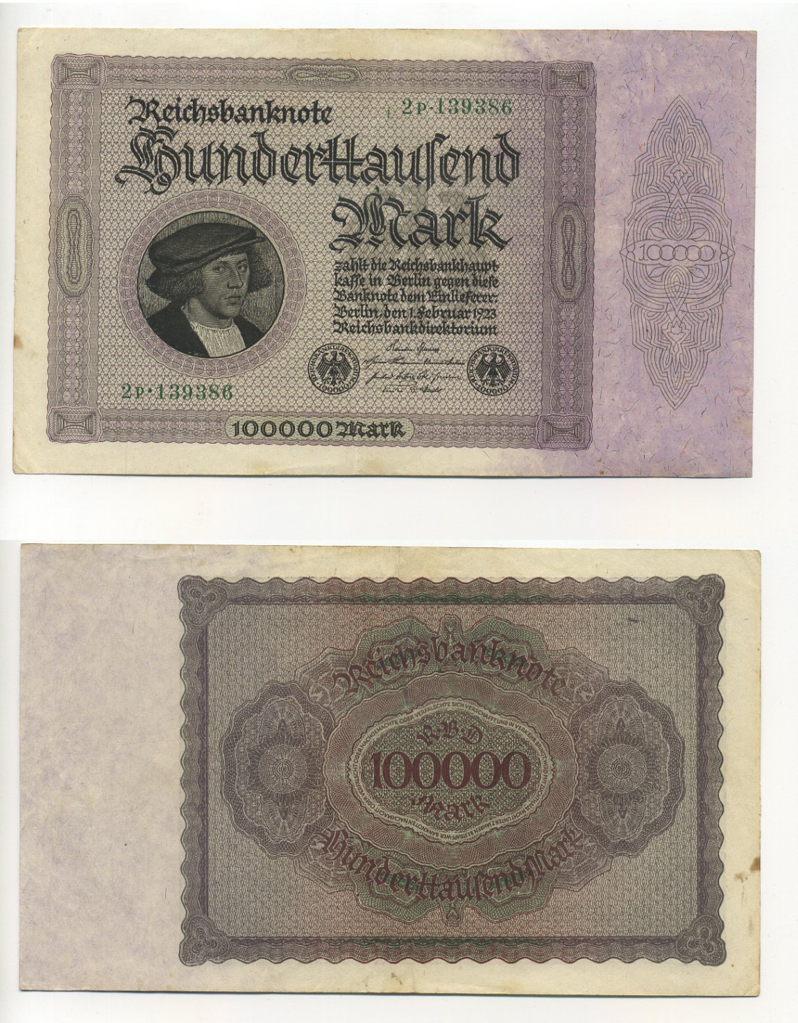 ГЕРМАНИЯ 100000 МАРОК 1923 1 ФЕВРАЛЯ 1923, БЕЗ Т ПОД ПОРТРЕТОМ Pick 83a бумага 6294-30-1