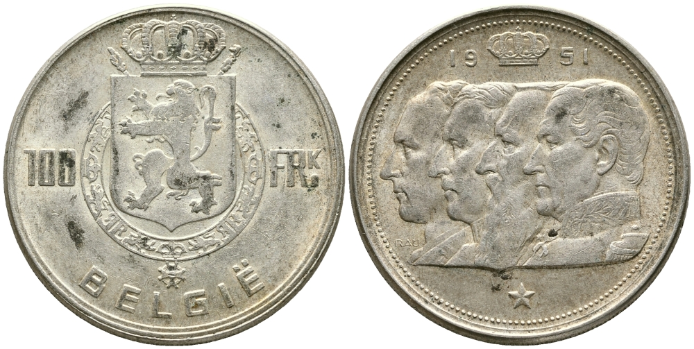 Бельгия 100 франков 1951 Belgie, королевская династия KM 139.1 серебро 1526-1313