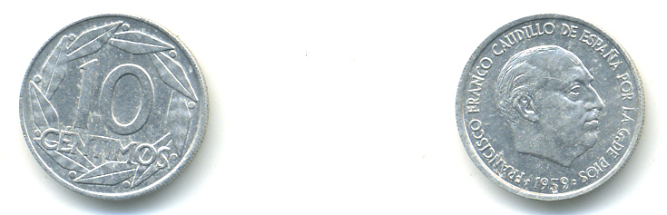 Испания 10 сентимо 1959 Франсиско Франко (1939-1975) KM 790 алюминий 83-234