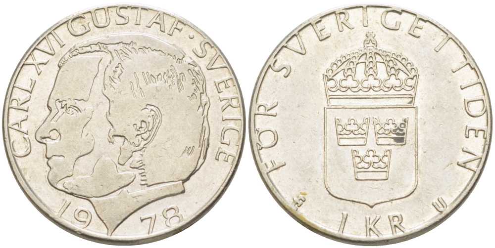 Швеция 1 крона 1978 U, Карл XVI Густав (1973- ) KM 852 медь плакированная медно-никелем 179-722