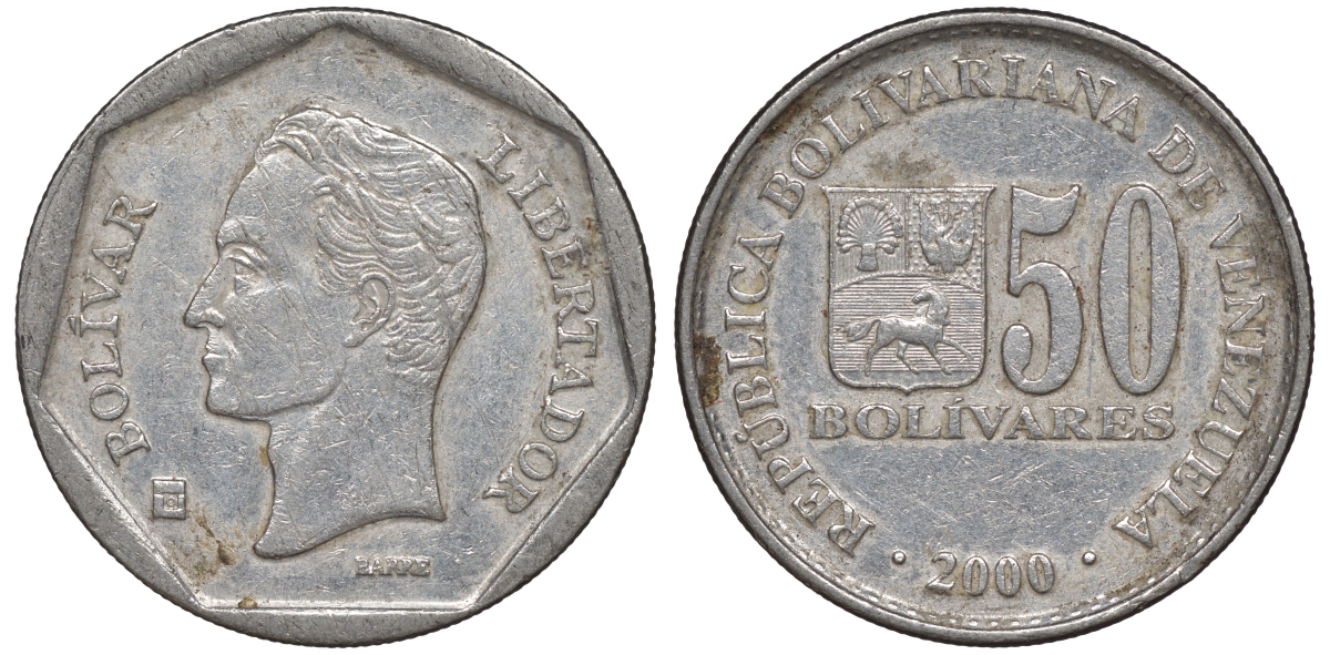 Венесуэла 50 боливаров 2000 Y 82 сталь плакированная никелем 4606-542