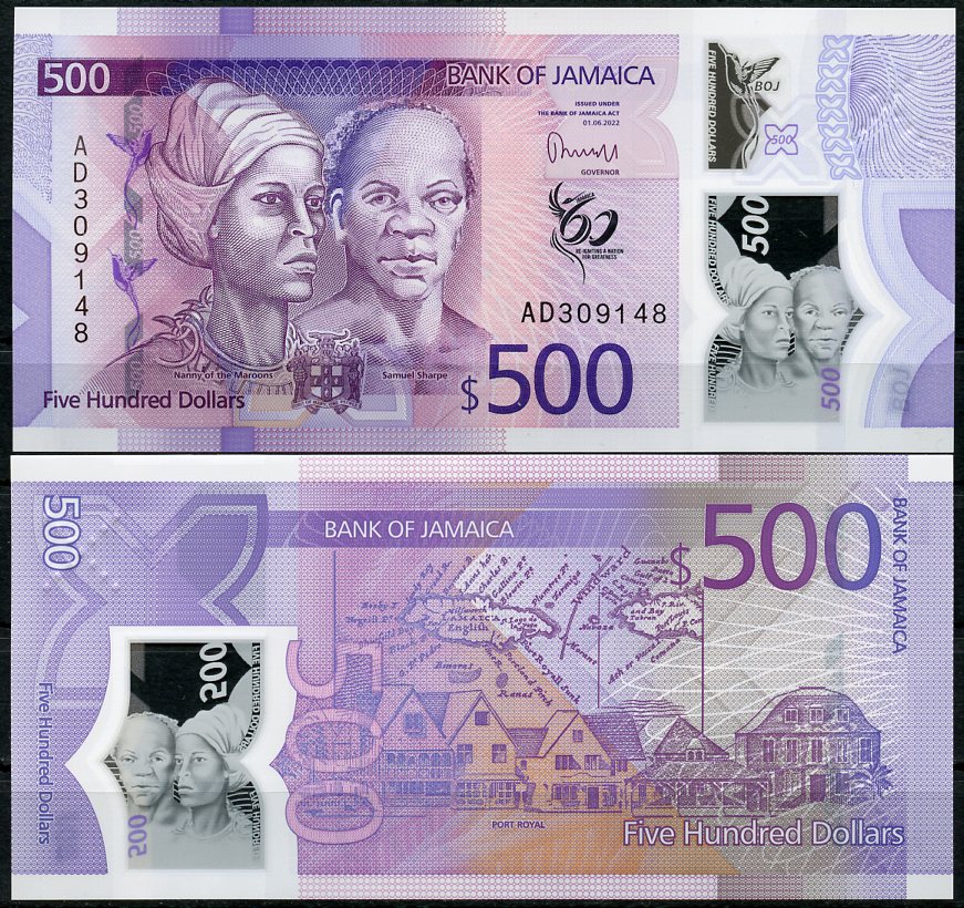 Ямайка 500 долларов 2022 60-я годовщина независимости, Нэнни, Самуэль Шарпе, Порт Роял Pick 98  пластик  UNC (пресс) 447-128-2