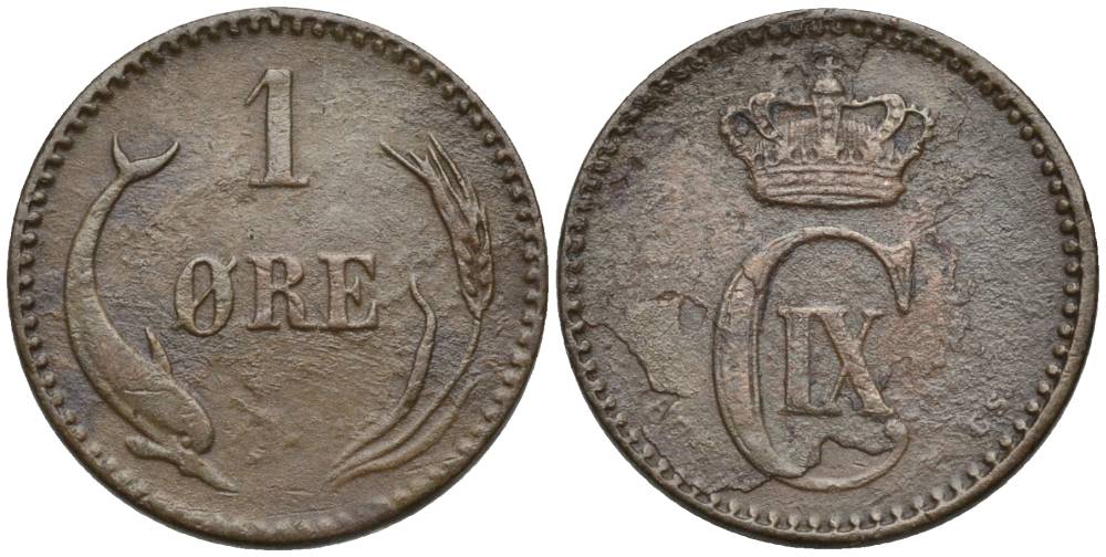 ДАНИЯ 1 ЭРЕ 187Х GS, КРИСТИАН IX (1863-1906) KM 792.1 бронза 4549-1146