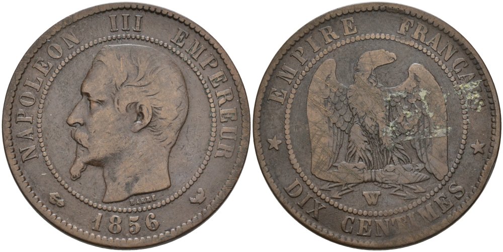 Франция 10 сантимов 1856 W, Наполеон III (1852-1870) KM 771.7, Le Franc 133.38 бронза 4574-436