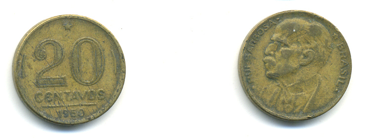 Бразилия 20 сентаво 1950 Руй Барбоза ди Оливейра KM 562, Schon 66 алюминиевая бронза 89-1312