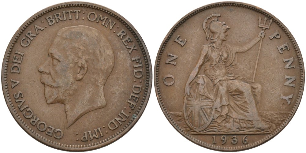 Великобритания 1 пенни 1936 Георг V (1910-1936) KM 838, Spink 4055 бронза 3333-1116